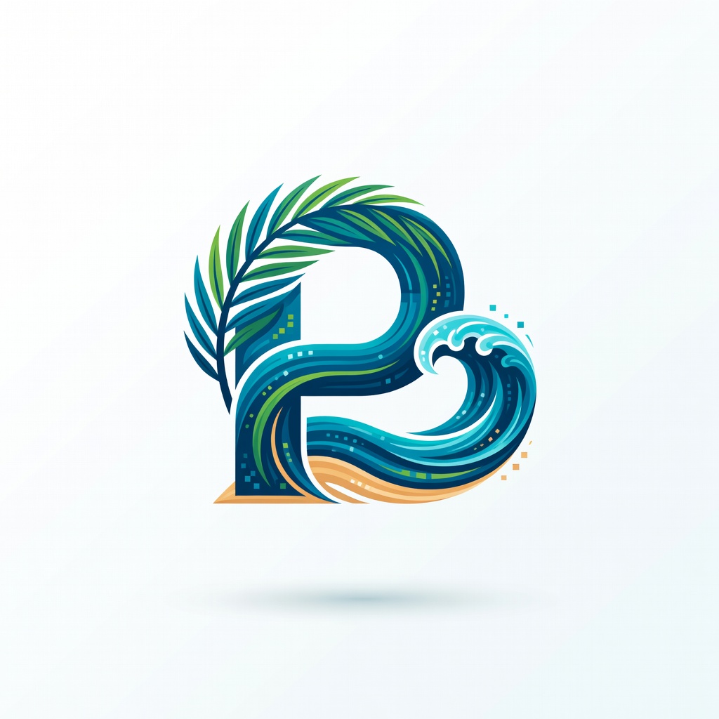 Palm Wave Flow Logo - Letra P estilizada com palmeira e ondas