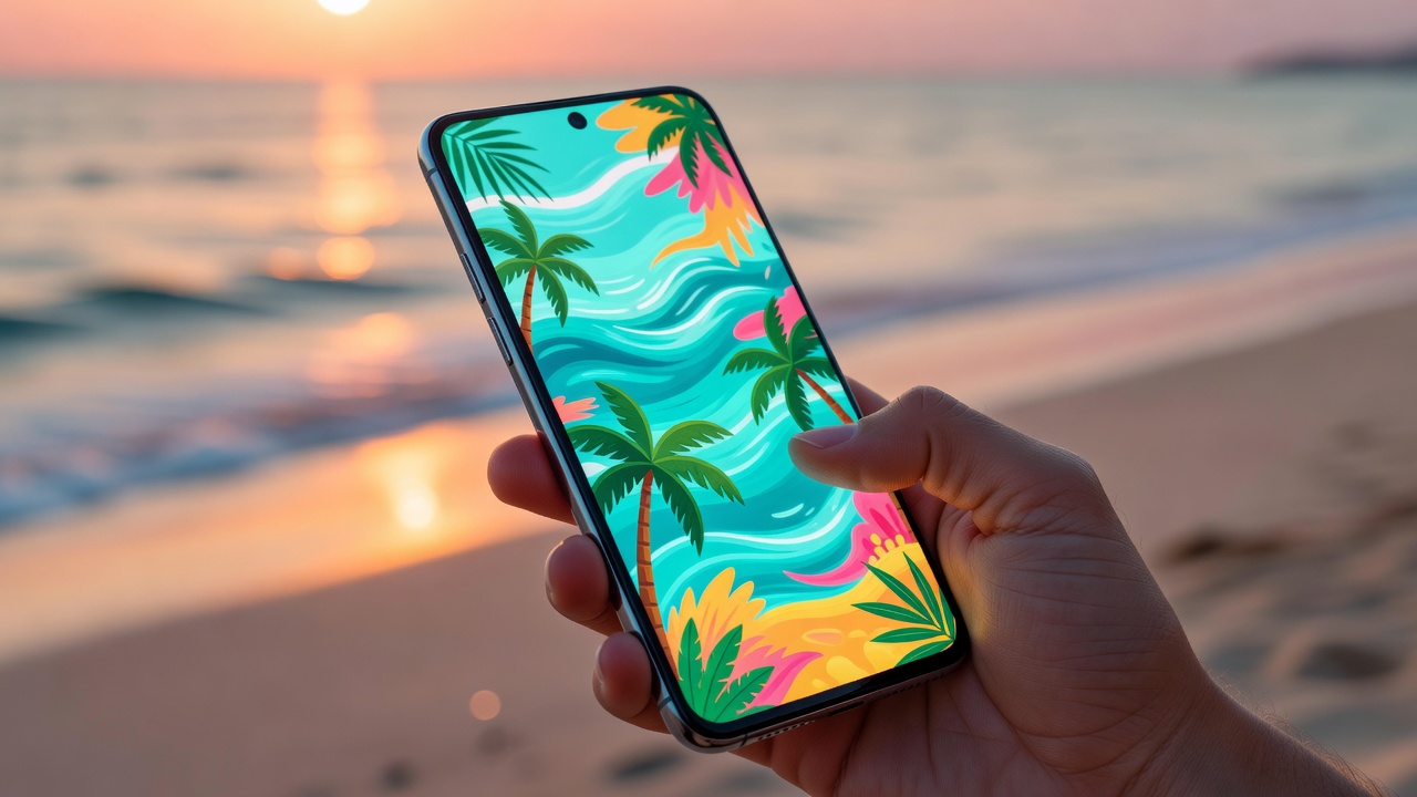 Close de smartphone em mão com interface de jogo casual com elementos tropicais e oceano ao fundo