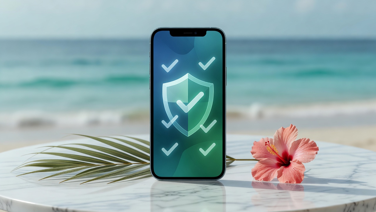 Smartphone mostrando processo de download seguro com escudo, ao lado de folha tropical