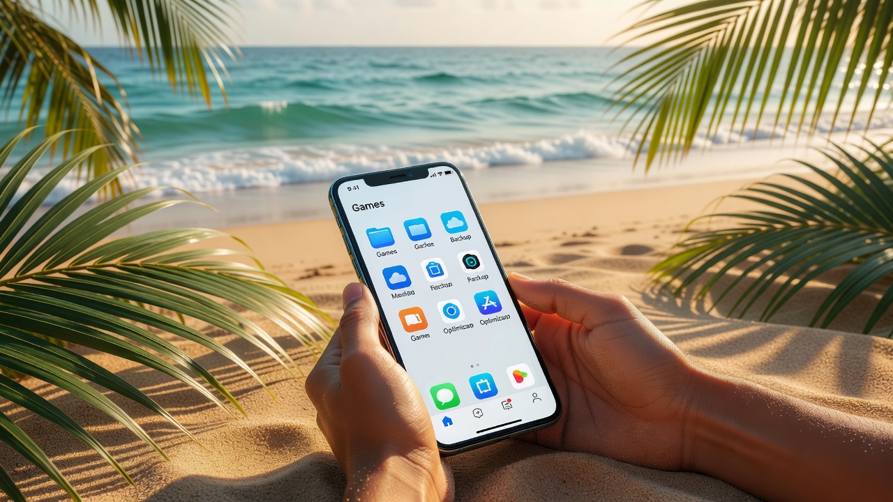 Smartphone mostrando organização de arquivos em areia com folhas de palmeira e ondas ao fundo